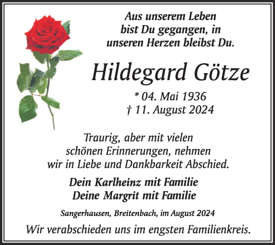 Traueranzeige von Hildegard Götze von Trauerkombi Sangerhausen