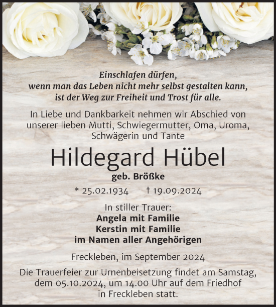 Traueranzeige von Hildegard Hübel von Trauerkombi Aschersleben