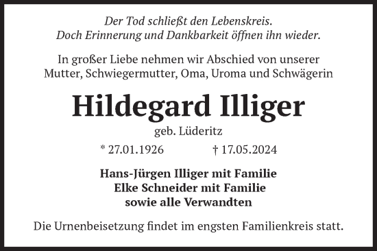 Traueranzeige von Hildegard Illiger von Volksstimme Altmark West