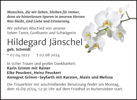 Traueranzeige von Hildegard Jänschel von Trauerkombi Aschersleben