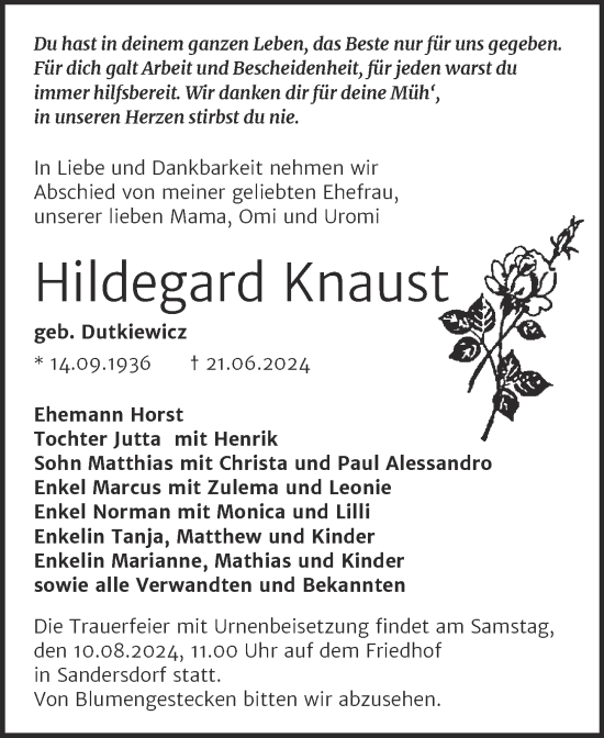 Traueranzeige von Hildegard Knaust von Trauerkombi Bitterfeld