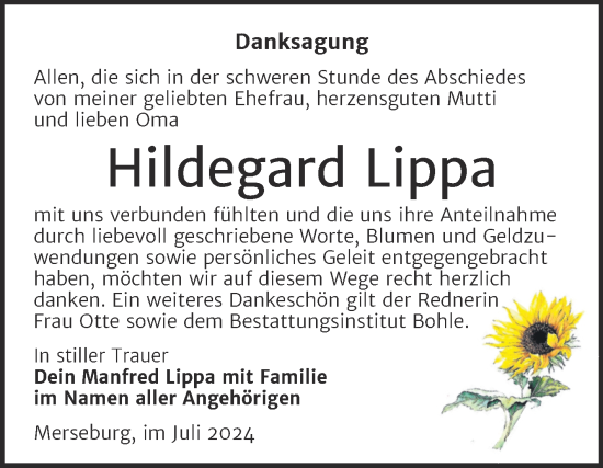 Traueranzeige von Hildegard Lippa von Trauerkombi Merseburg
