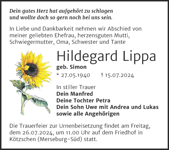 Traueranzeige von Hildegard Lippa von Trauerkombi Merseburg