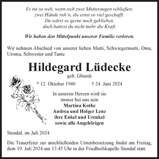 Traueranzeige von Hildegard Lüdecke von Volksstimme Altmark Ost
