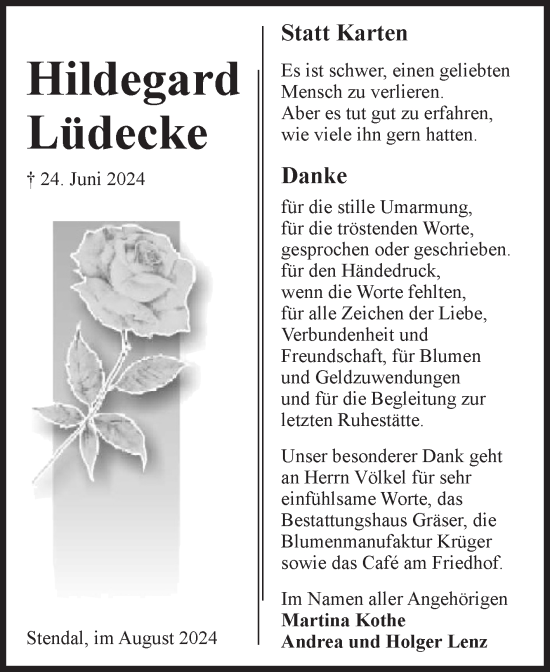 Traueranzeige von Hildegard Lüdecke von Volksstimme Altmark Ost