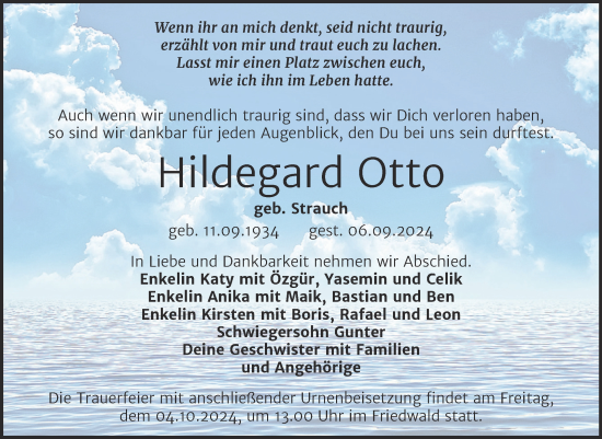 Traueranzeige von Hildegard Otto von Trauerkombi Sangerhausen