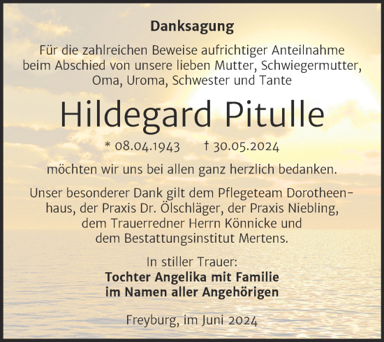 Traueranzeige von Hildegard Pitulle von Super Sonntag Naumburg/Nebra