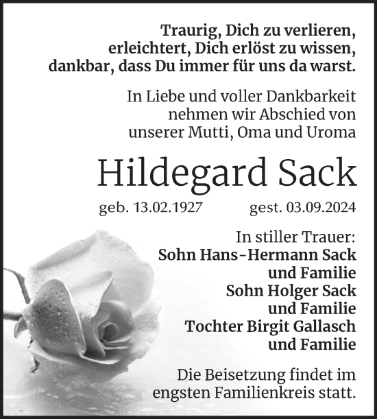 Traueranzeige von Hildegard Sack von Trauerkombi Wittenberg