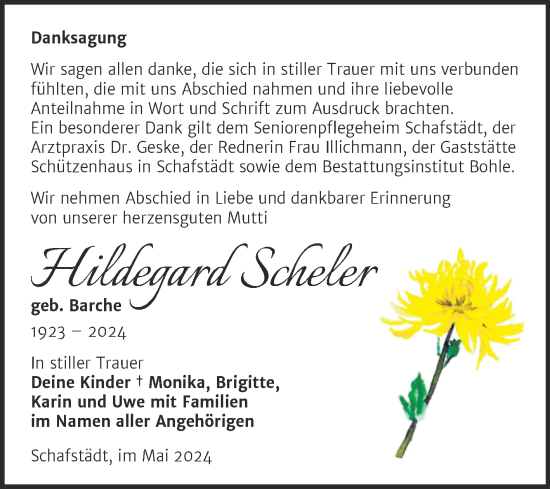 Traueranzeige von Hildegard Scheler von Trauerkombi Merseburg