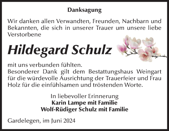 Traueranzeige von Hildegard Schulz von Volksstimme Altmark West