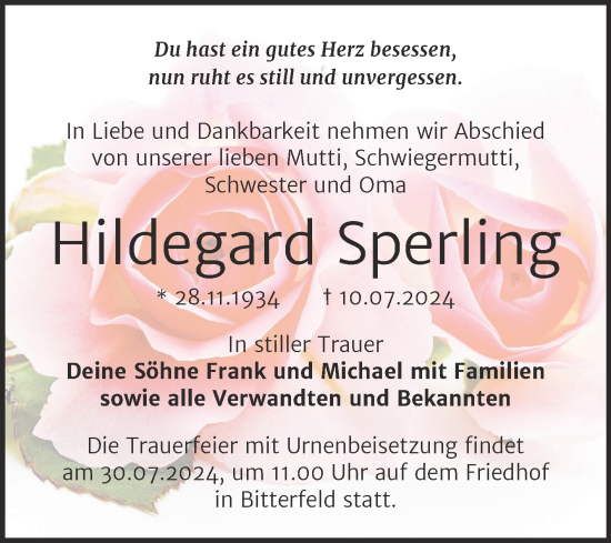 Traueranzeige von Hildegard Sperling von Trauerkombi Bitterfeld
