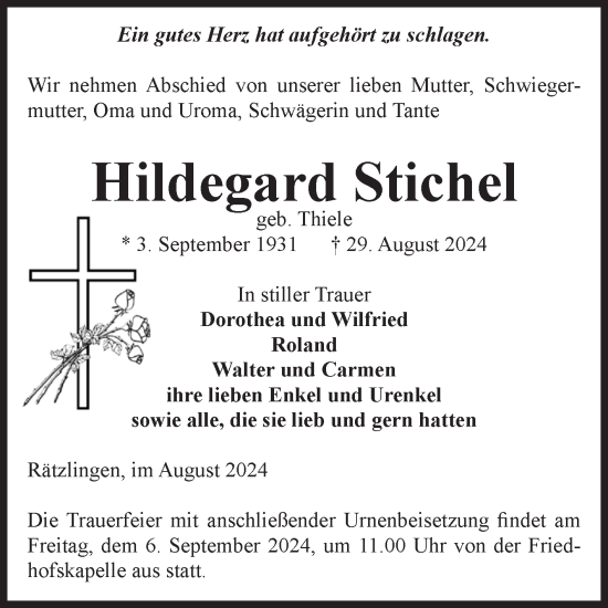 Traueranzeige von Hildegard Stichel von Volksstimme Haldensleben/Wolmirstedt
