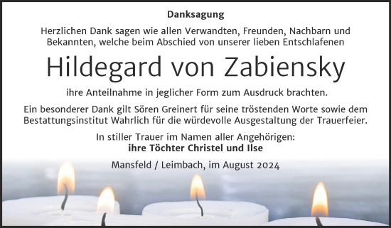 Traueranzeige von Hildegard von Zabiensky von Trauerkombi Mansfelder Land