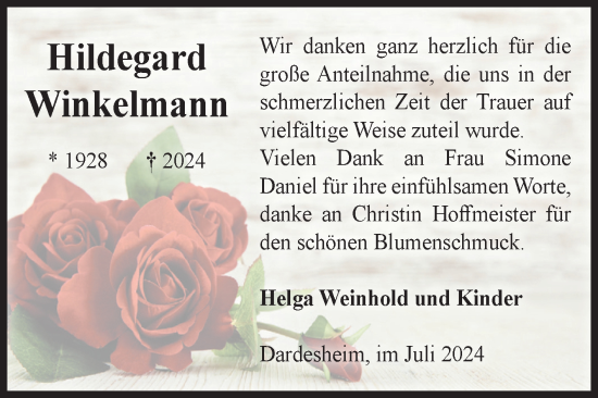 Traueranzeige von Hildegard Winkelmann von Volksstimme Halberstadt