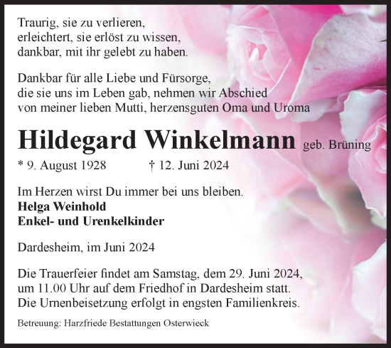 Traueranzeige von Hildegard Winkelmann von Volksstimme Halberstadt