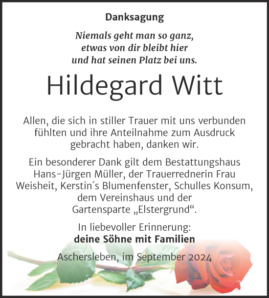 Traueranzeige von Hildegard Witt von Trauerkombi Aschersleben