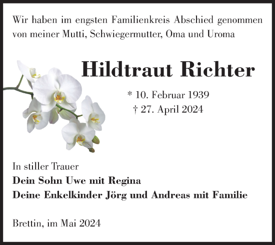 Traueranzeige von Hildtraut Richter von Volksstimme Burg/Genthin