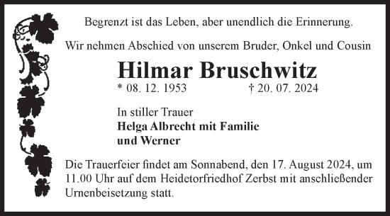 Traueranzeige von Hilmar Bruschwitz von Volksstimme Zerbst