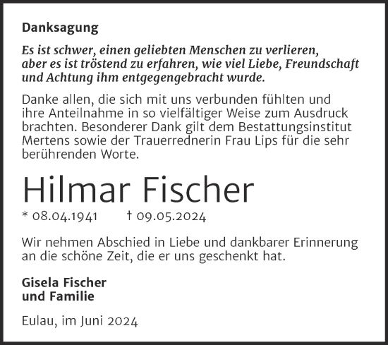 Traueranzeige von Hilmar Fischer von Super Sonntag Naumburg/Nebra