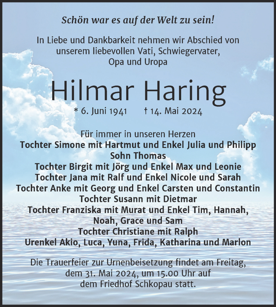  Traueranzeige für Hilmar Haring vom 23.05.2024 aus Trauerkombi Merseburg