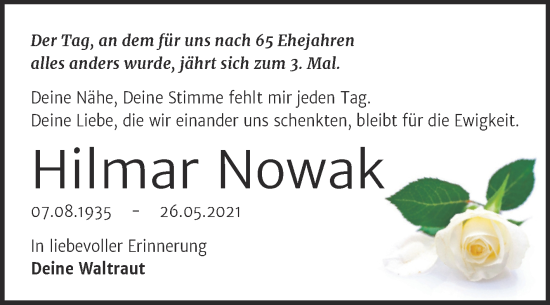 Traueranzeige von Hilmar Nowak von Trauerkombi Wittenberg