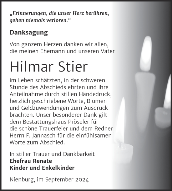Traueranzeige von Hilmar Stier von Trauerkombi Bernburg