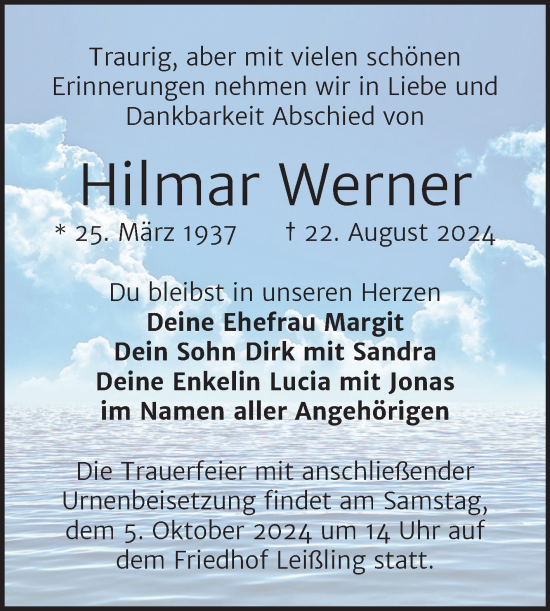 Traueranzeige von Hilmar Werner von Trauerkombi Weißenfels