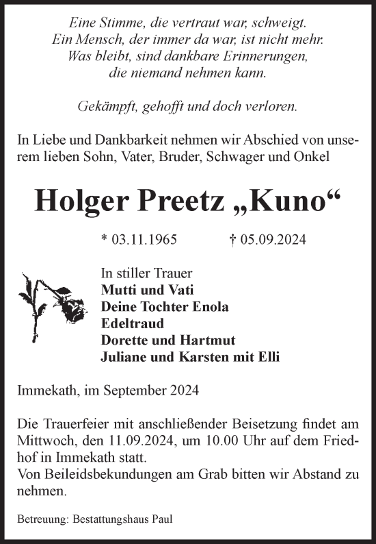 Traueranzeige von Holger Preetz von Volksstimme Altmark West