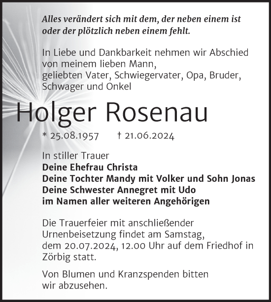 Traueranzeige von Holger Rosenau von Trauerkombi Bitterfeld