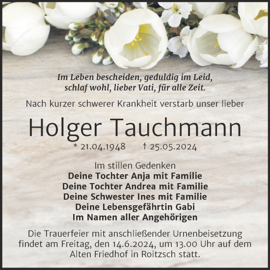 Traueranzeige von Holger Tauchmann von Trauerkombi Bitterfeld