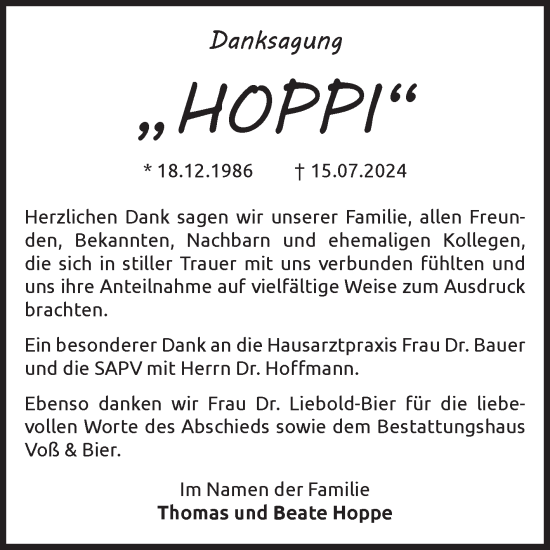 Traueranzeige von Hoppi  von Volksstimme Wernigerode