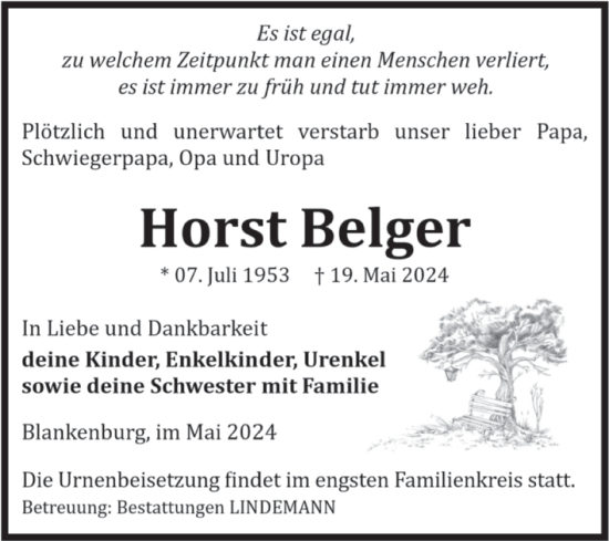 Traueranzeige von Horst Belger von Volksstimme Wernigerode
