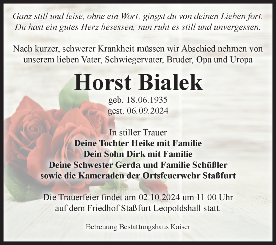 Traueranzeige von Horst Bialek von Volksstimme Staßfurt