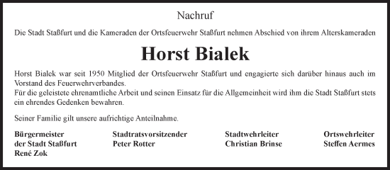 Traueranzeige von Horst Bialek von Volksstimme Staßfurt
