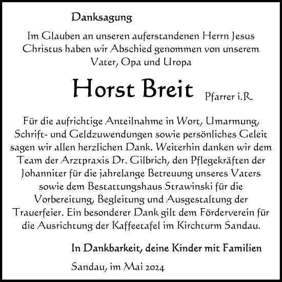 Traueranzeige von Horst Breit von Volksstimme Altmark Ost