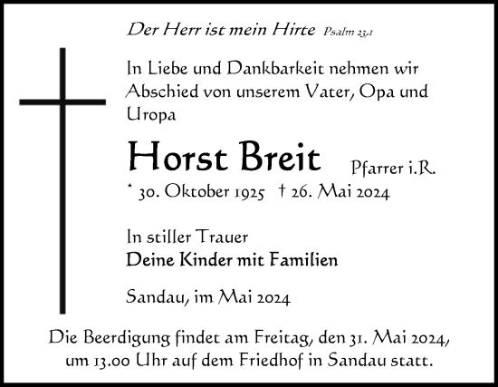 Traueranzeige von Horst Breit von Volksstimme Altmark Ost
