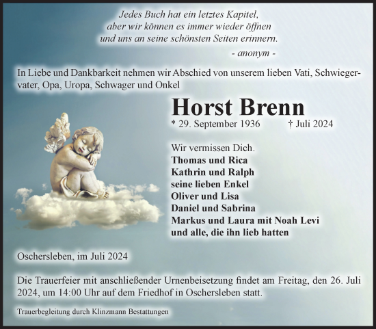 Traueranzeige von Horst Brenn von Volksstimme Oschersleben/Wanzleben