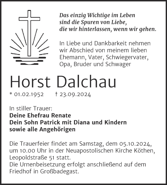 Traueranzeige von Horst Dalchau von Trauerkombi Köthen