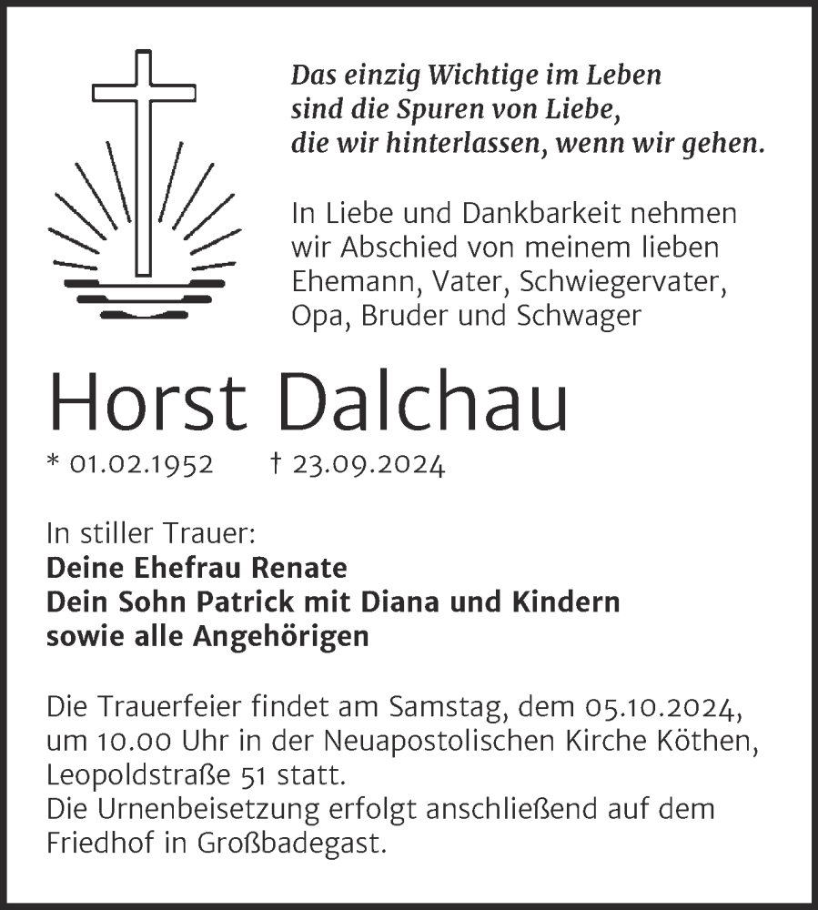  Traueranzeige für Horst Dalchau vom 28.09.2024 aus Trauerkombi Köthen