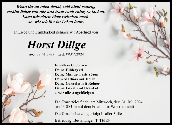 Traueranzeige von Horst Dillge von Volksstimme Wernigerode