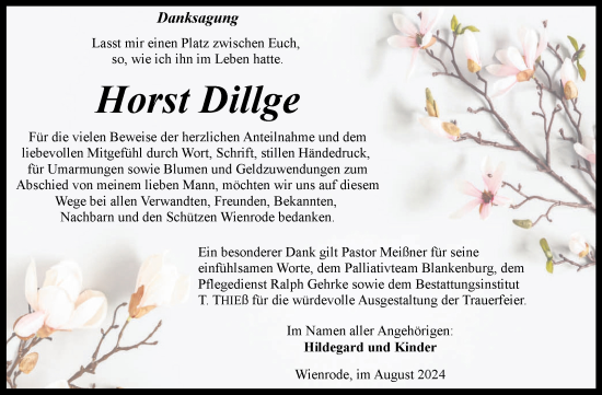 Traueranzeige von Horst Dillge von Volksstimme Wernigerode
