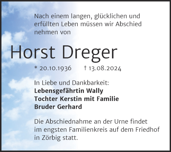 Traueranzeige von Horst Dreger von Trauerkombi Bitterfeld