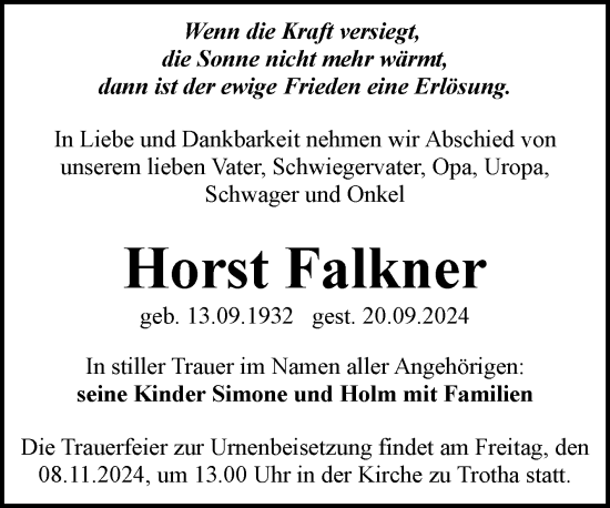 Traueranzeige von Horst Falkner von Mitteldeutsche Zeitung Halle/Saalkreis