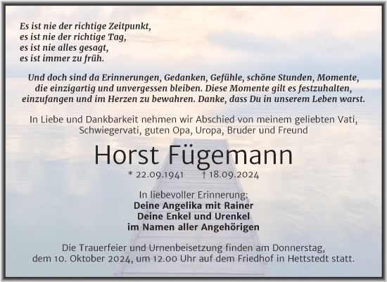 Traueranzeige von Horst Fügemann von Trauerkombi Mansfelder Land