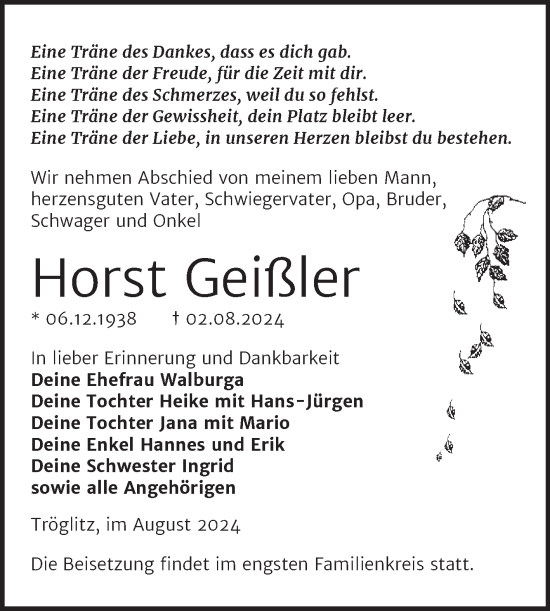 Traueranzeige von Horst Geißler von Trauerkombi Zeitz
