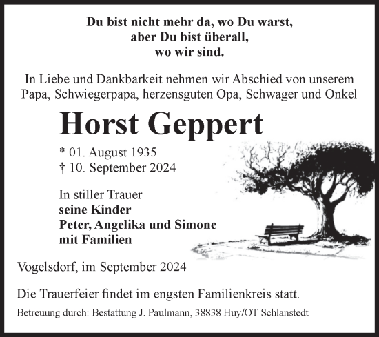 Traueranzeige von Horst Geppert von Volksstimme Halberstadt