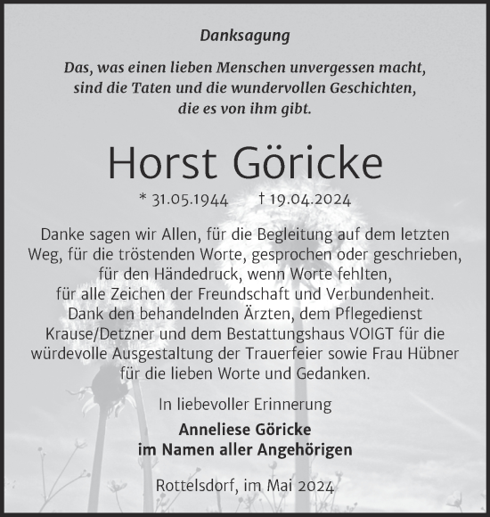 Traueranzeige von Horst Göricke von Trauerkombi Mansfelder Land