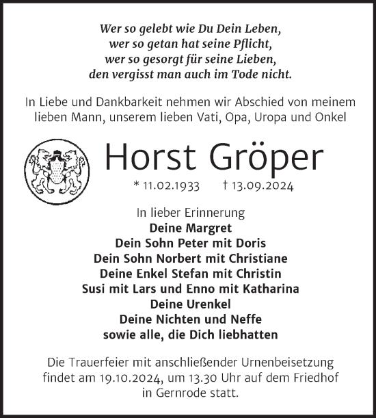 Traueranzeige von Horst Gröper von Trauerkombi Quedlinburg