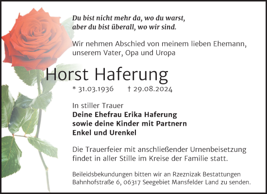 Traueranzeige von Horst Haferung von Trauerkombi Mansfelder Land