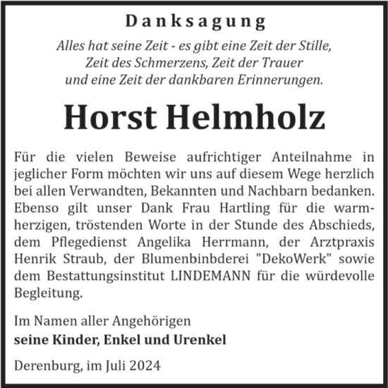 Traueranzeige von Horst Helmholz von Volksstimme Wernigerode
